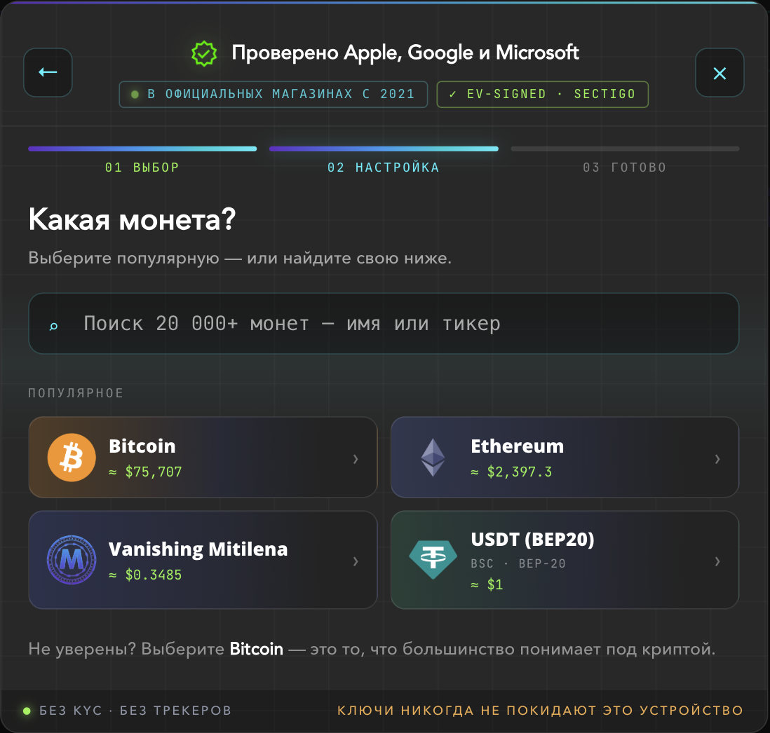 Screen „Welcher Coin?“ mit Bitcoin, Ethereum und USDT